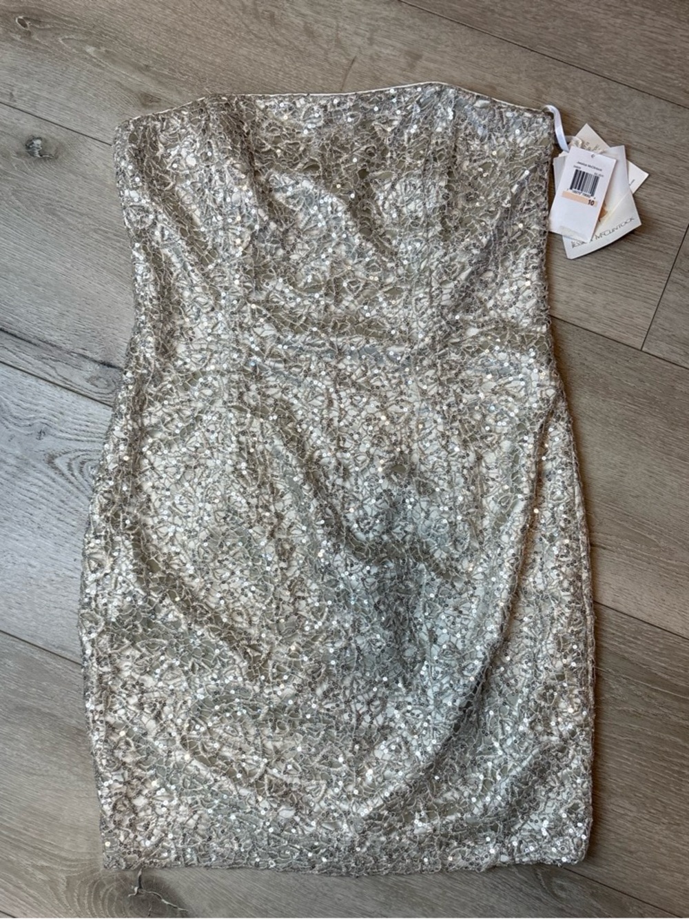 Sequin-Embellished Strapless Cocktail Dress in Silver